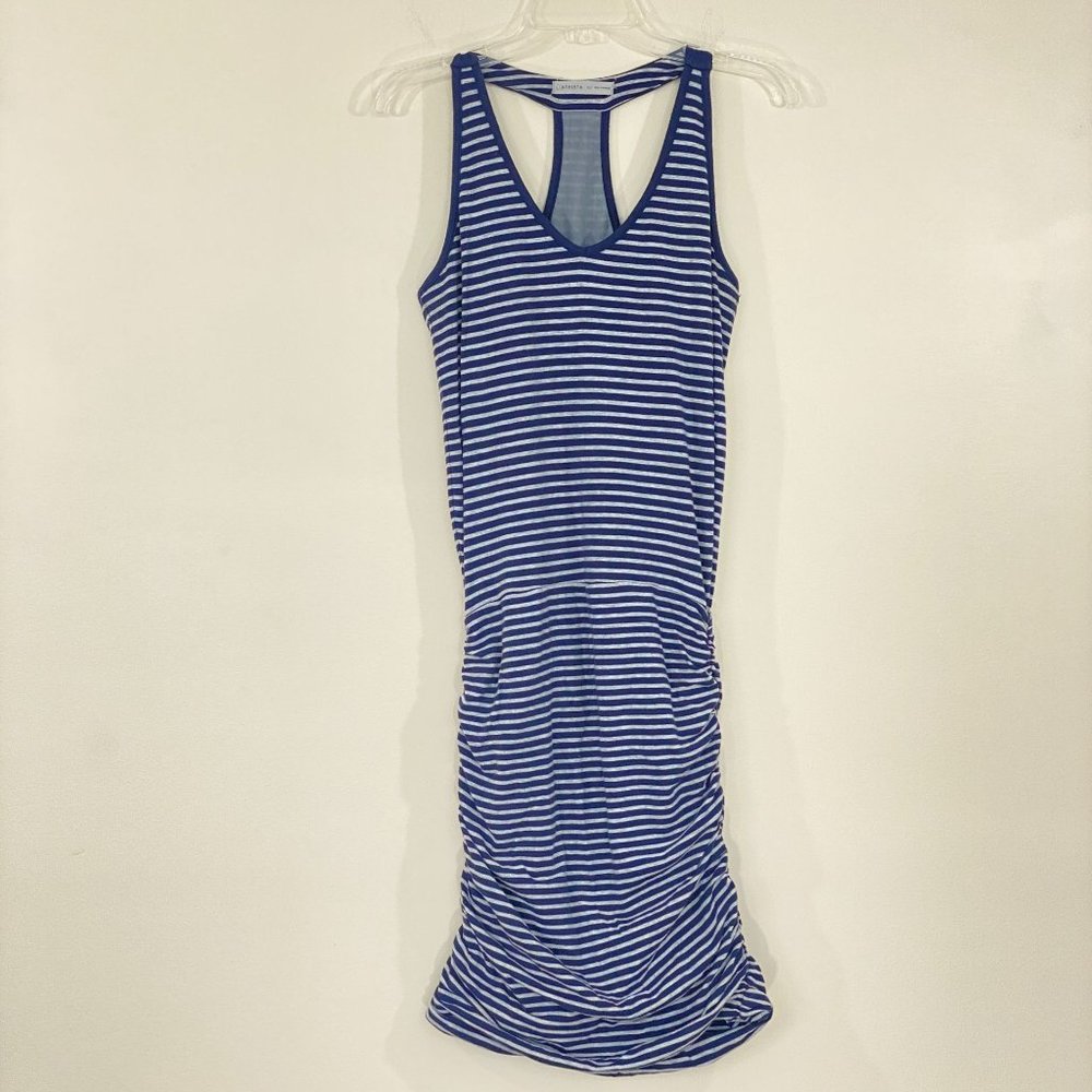 Athleta Striped Y Back T-Shirt Dress w/Side Ruching, Medium Petite